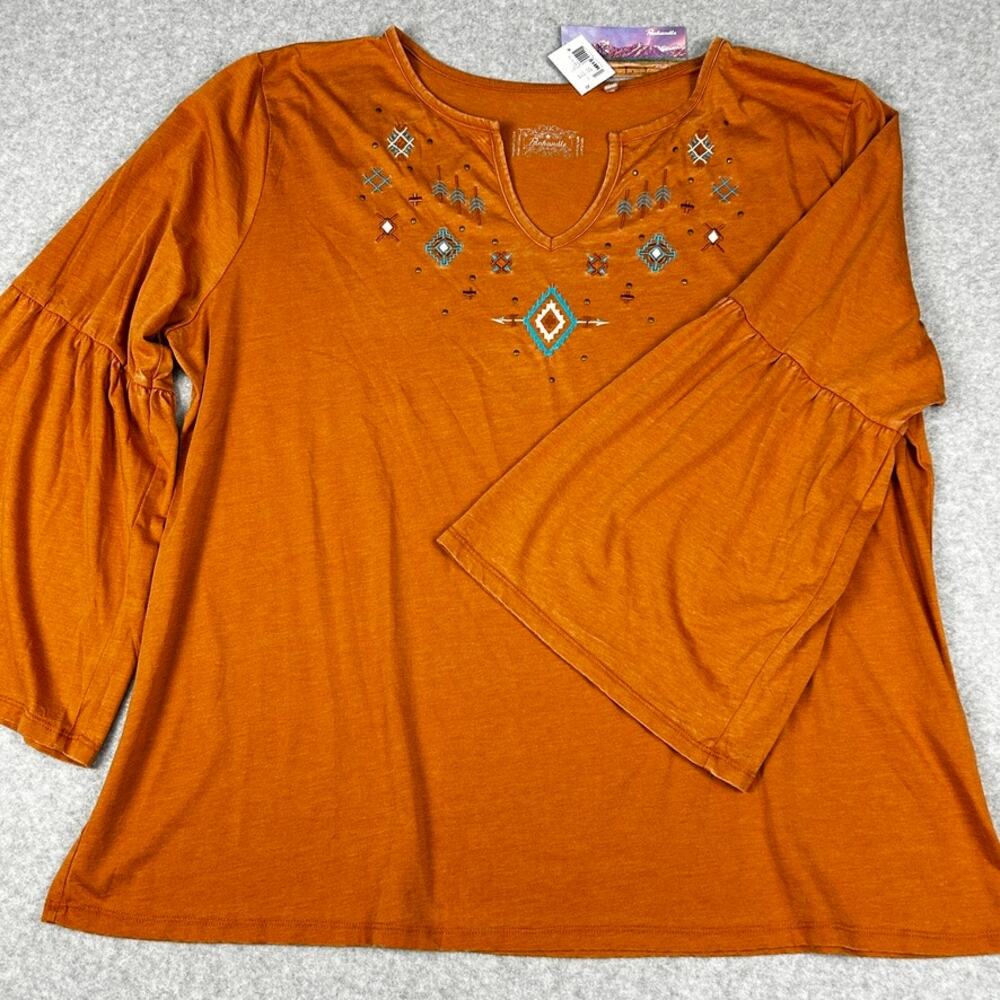 Panhandle Bell Sleeve Top Womens 3x NWT Rust Brass Aztec Embellished V-Neck
